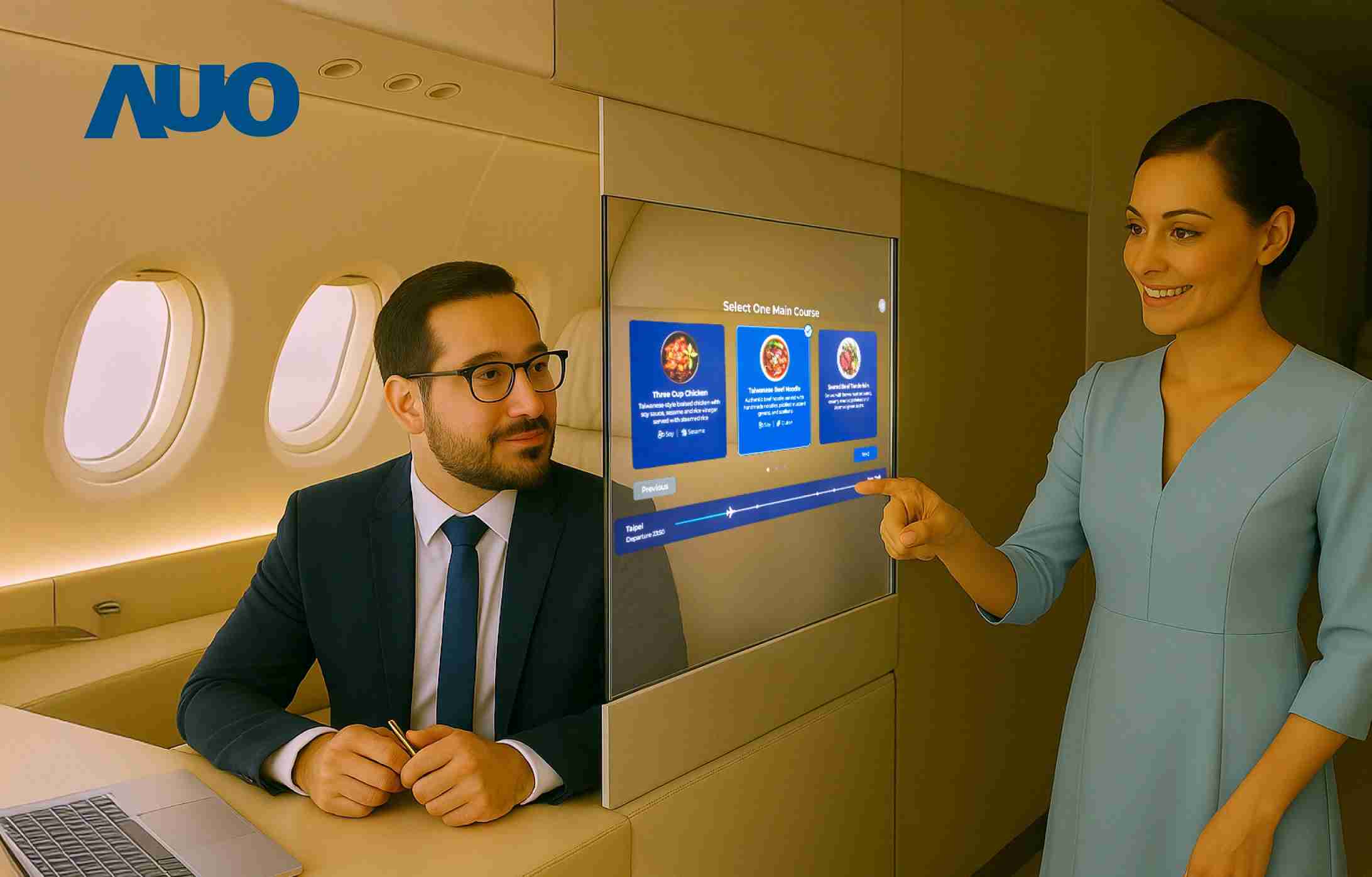 森林舞会研发全球最薄17.3 吋双面透明 Micro LED 显示器，，可在同一屏幕之双边投射不同信息，，，，创造独特的”透明化”互动；图为实时翻译交流应用情境